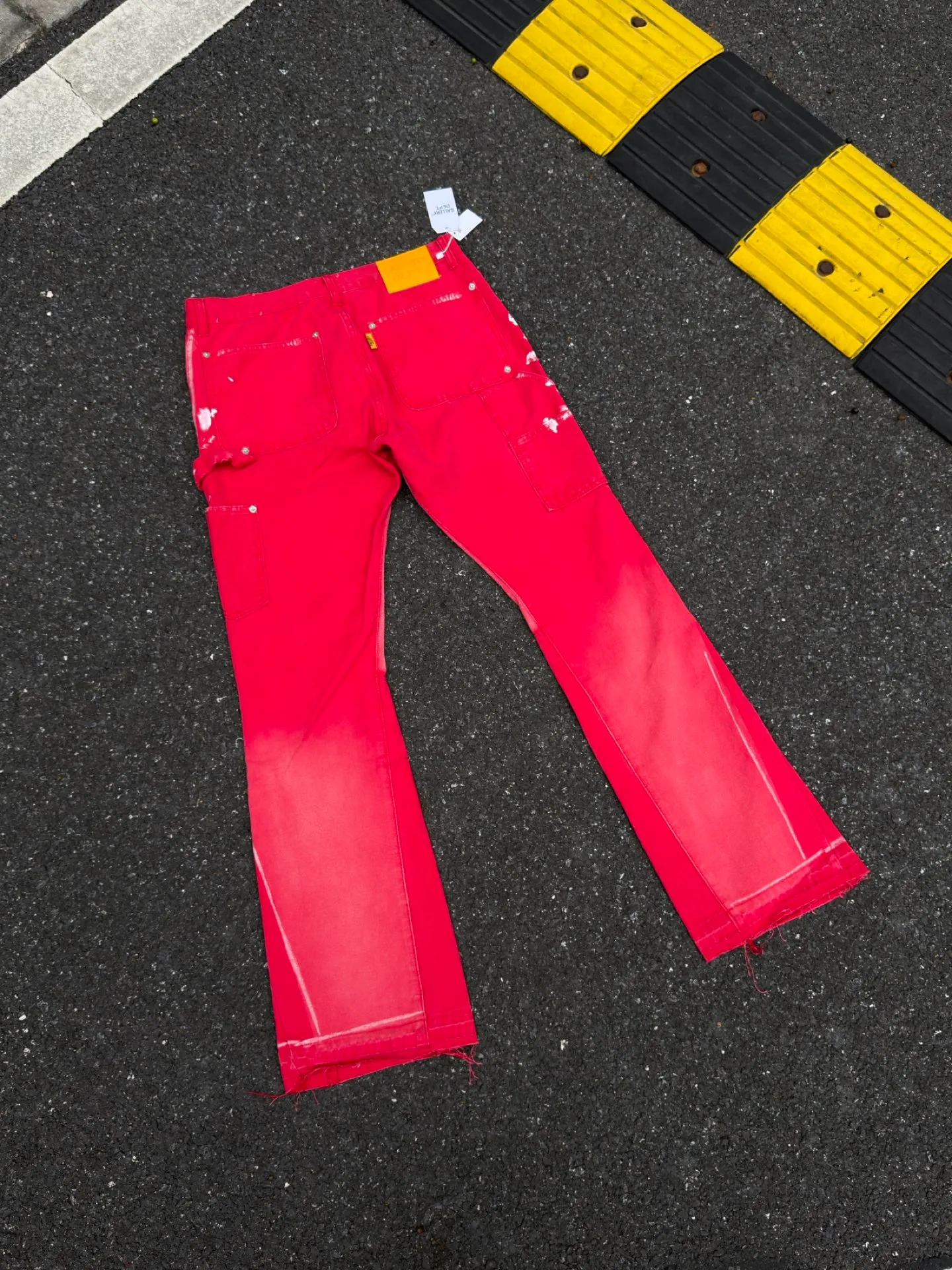 P260💰GA06 GALLERY DEPT. Spliced ​​patches, splashed ink denim flared jeans, washed, distressed, spliced ​​jeans, logging micro-flared jeans, same style for men and women Color: red Code number: 28 30 32 34 36